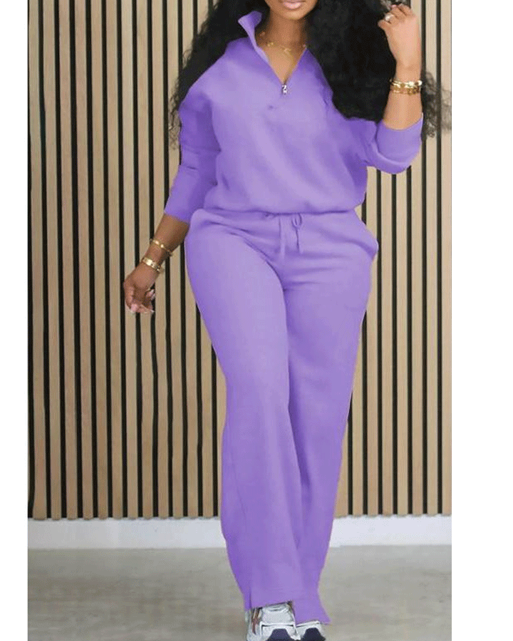 Women's Solid Half Placket Split Hem Pants Set