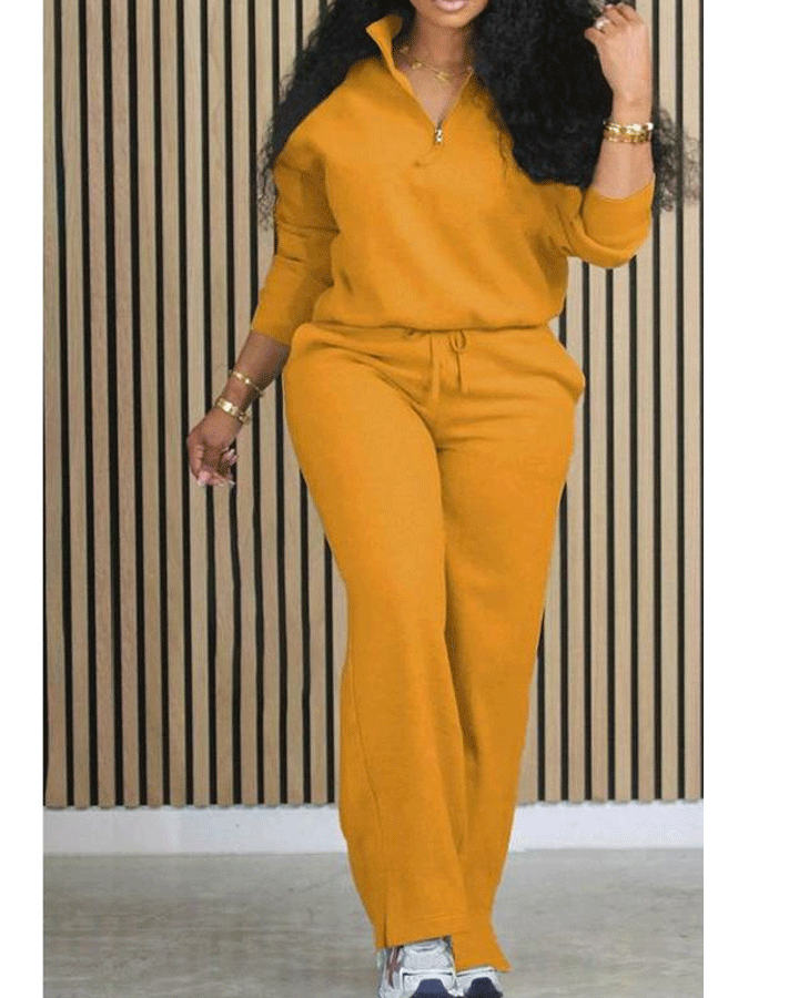 Women's Solid Half Placket Split Hem Pants Set