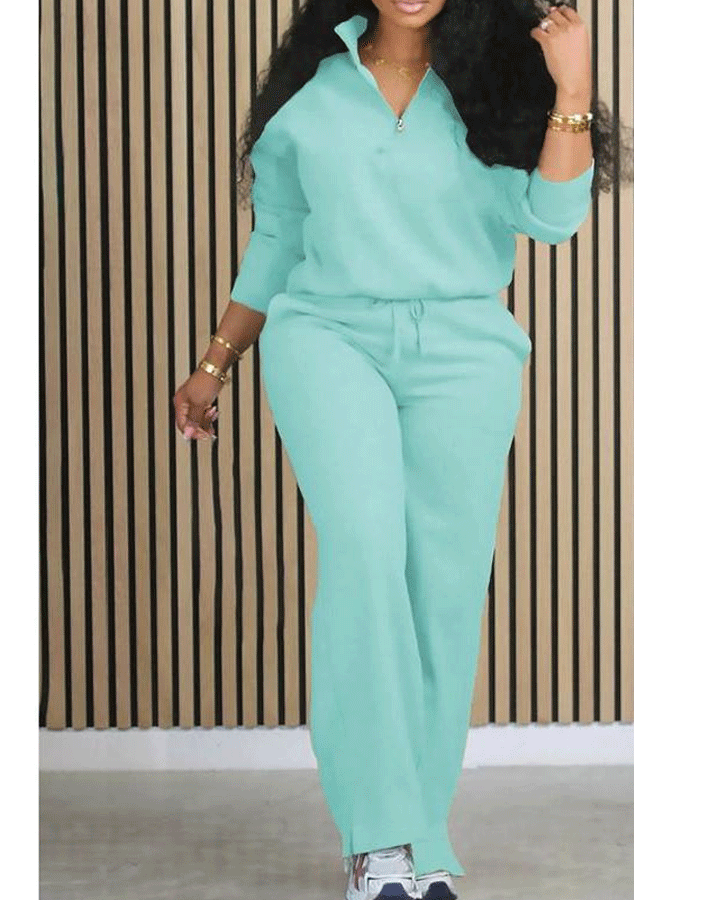 Women's Solid Half Placket Split Hem Pants Set