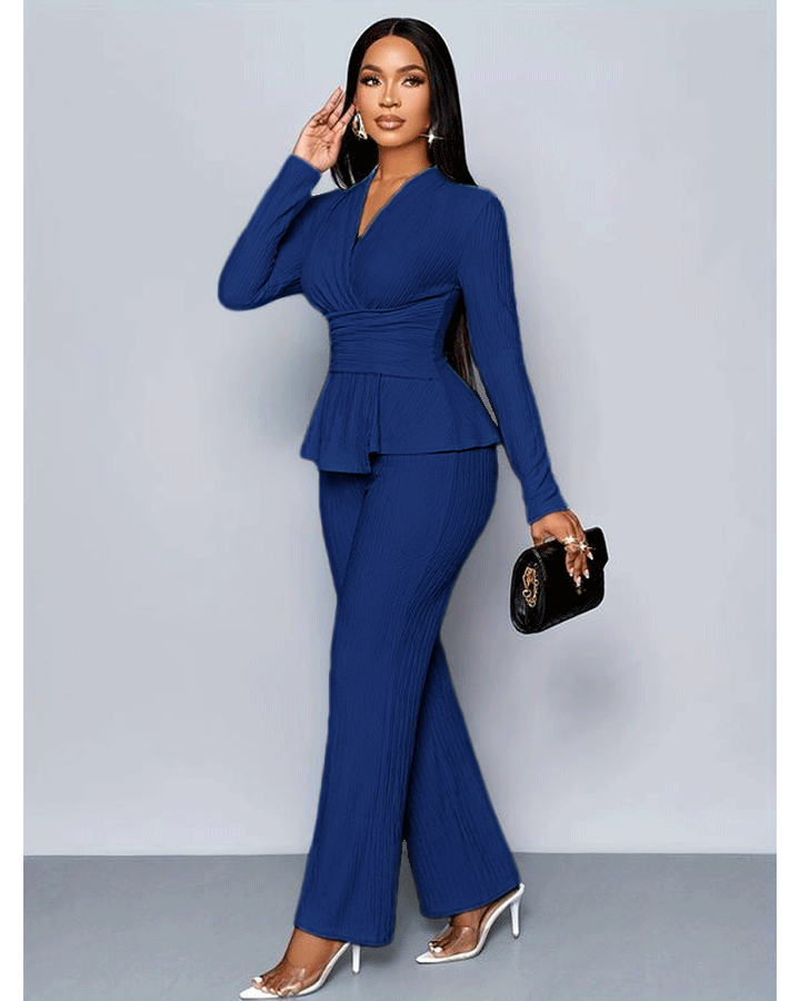 Women's Apricot Color Elegant V Neck Long Sleeve T-Shirt And Wide Leg Pants Two Piece Set 124697734