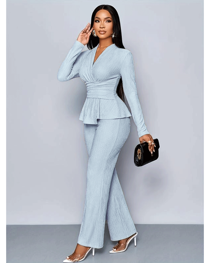 Women's Apricot Color Elegant V Neck Long Sleeve T-Shirt And Wide Leg Pants Two Piece Set 124697734