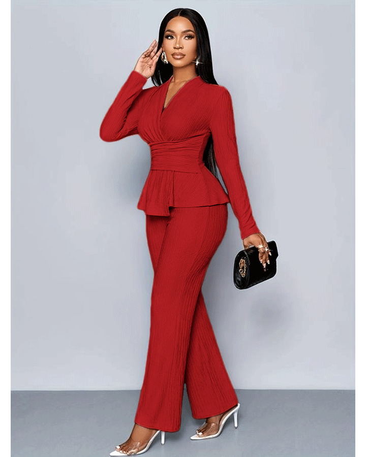 Women's Apricot Color Elegant V Neck Long Sleeve T-Shirt And Wide Leg Pants Two Piece Set 124697734