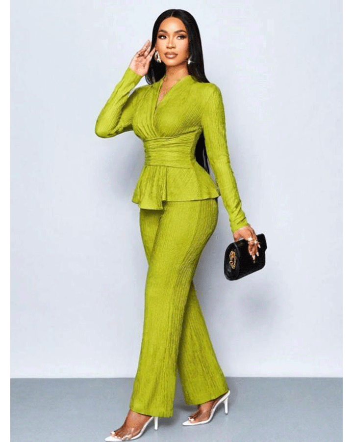 Women's Apricot Color Elegant V Neck Long Sleeve T-Shirt And Wide Leg Pants Two Piece Set 124697734