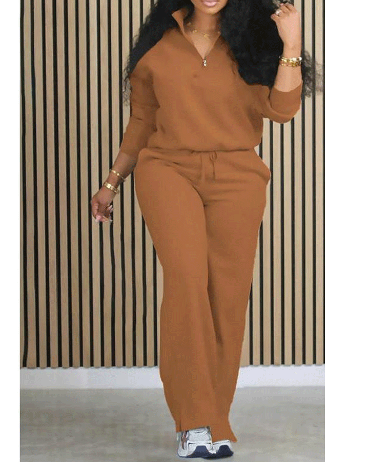 Women's Solid Half Placket Split Hem Pants Set