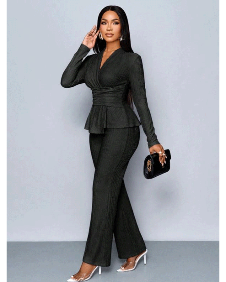 Women's Apricot Color Elegant V Neck Long Sleeve T-Shirt And Wide Leg Pants Two Piece Set 124697734