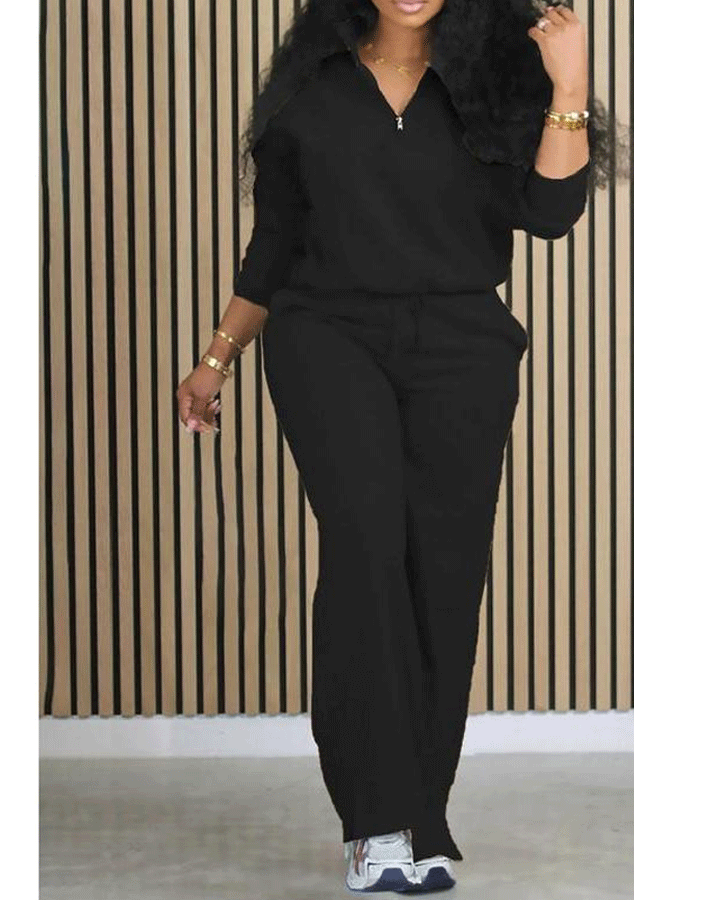 Women's Solid Half Placket Split Hem Pants Set