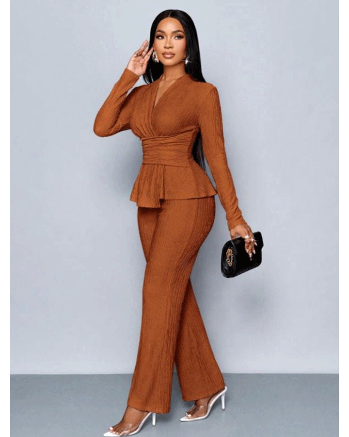 Women's Apricot Color Elegant V Neck Long Sleeve T-Shirt And Wide Leg Pants Two Piece Set 124697734