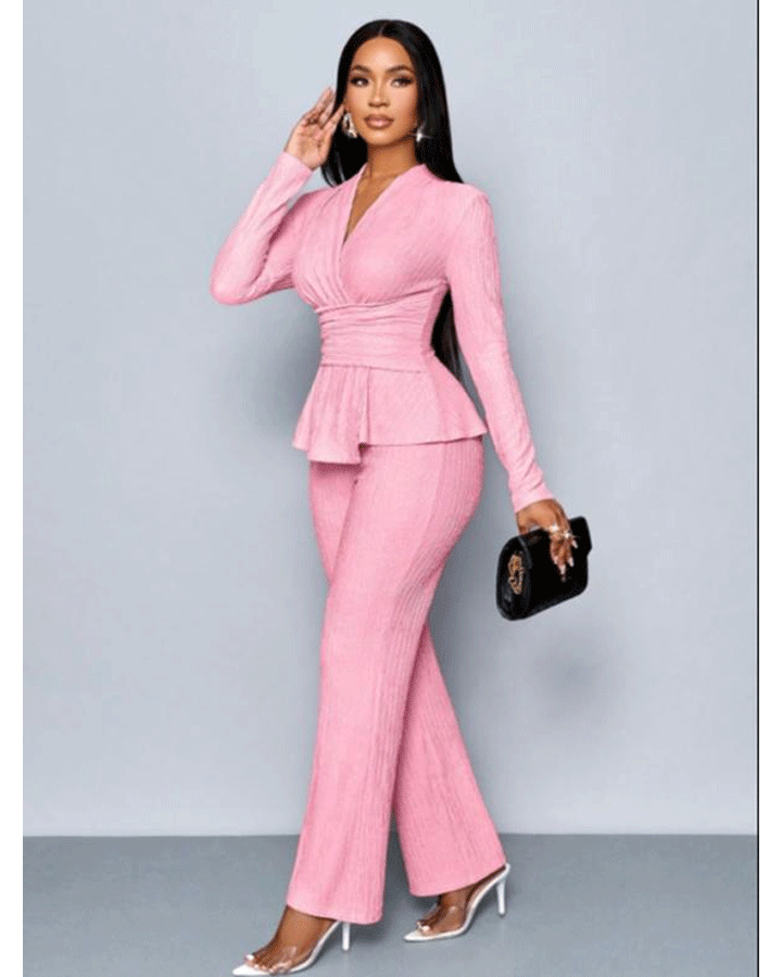Women's Apricot Color Elegant V Neck Long Sleeve T-Shirt And Wide Leg Pants Two Piece Set 124697734