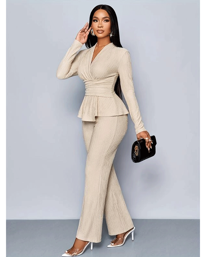 Women's Apricot Color Elegant V Neck Long Sleeve T-Shirt And Wide Leg Pants Two Piece Set 124697734